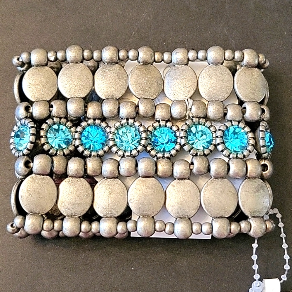 NEW Statement Bracelet, Pewter-tone & Turquoise Crystals, Stretch